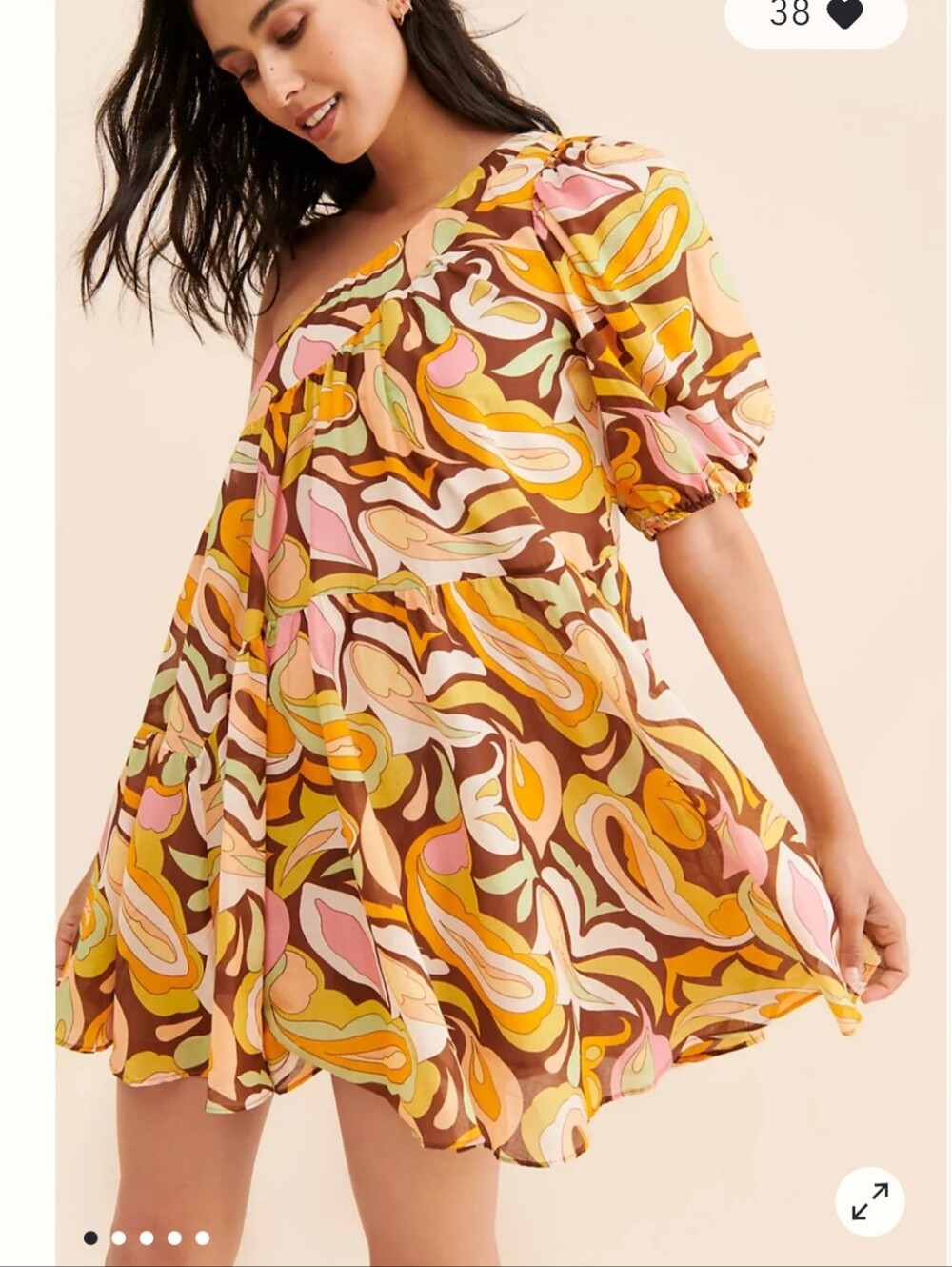 Anthropologie One-Shoulder Swirl Print Mini Dress in Brown, Pink & Yellow